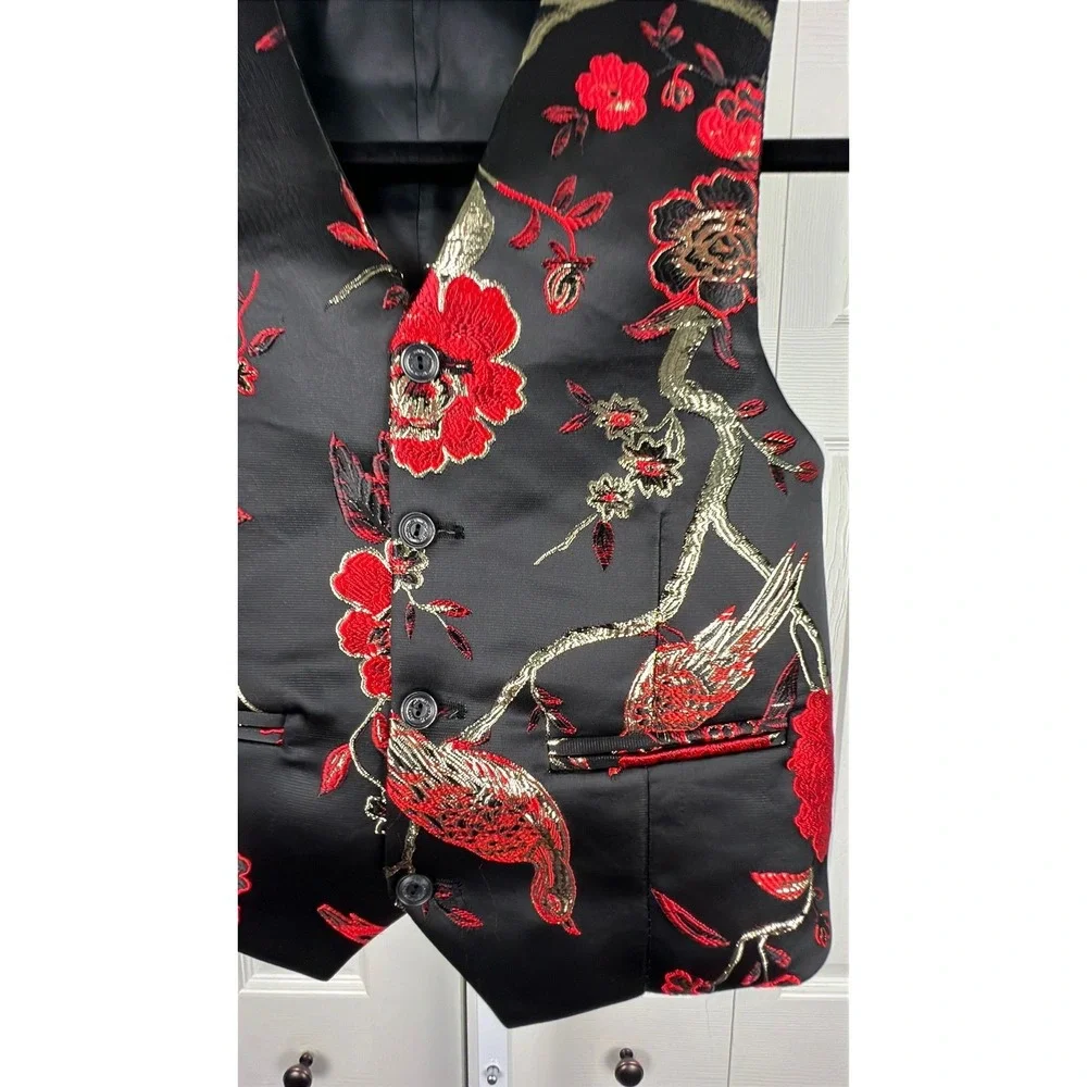 Satin‎ Floral Brocade Vest Gothic Romantic Asian Inspired Black Red XS